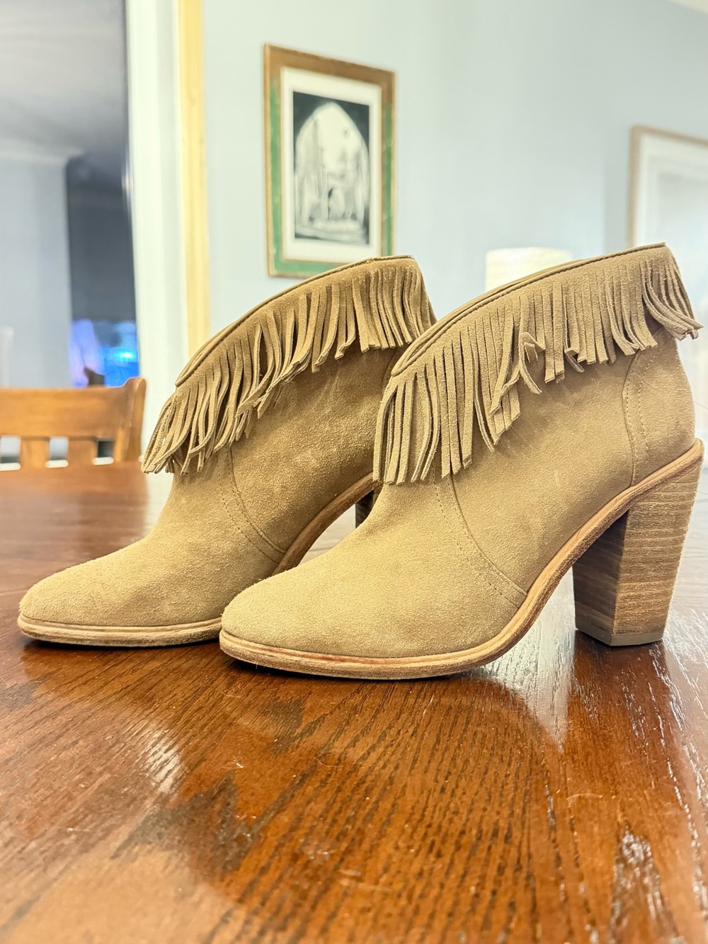 Joie Loren Fringe Suede Ankle Boots – Mousse Tan – EU 37 / US 7